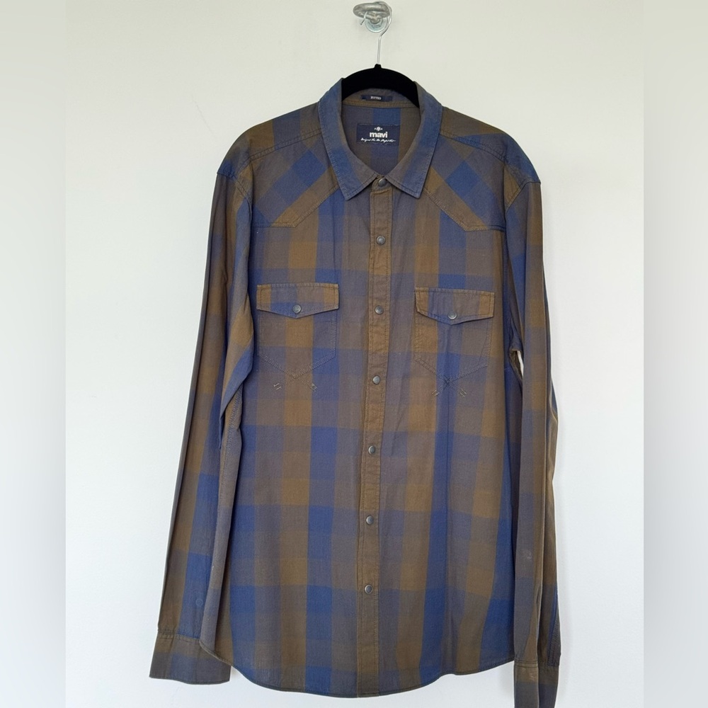 Mavi Blue and Olive Cotton Button Down Shirt, Fitted, size XL